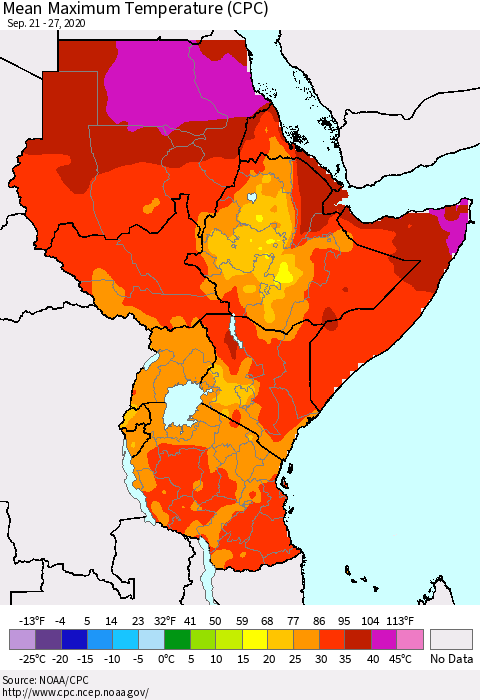 Eastern Africa Mean Maximum Temperature (CPC) Thematic Map For 9/21/2020 - 9/27/2020
