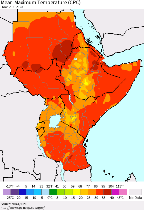 Eastern Africa Mean Maximum Temperature (CPC) Thematic Map For 11/2/2020 - 11/8/2020