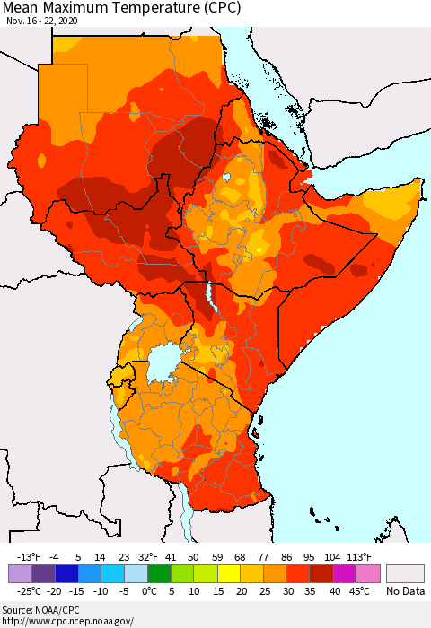 Eastern Africa Mean Maximum Temperature (CPC) Thematic Map For 11/16/2020 - 11/22/2020