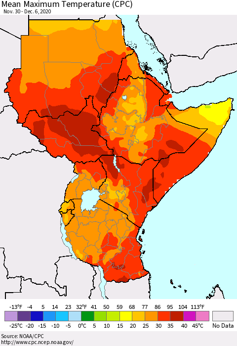 Eastern Africa Mean Maximum Temperature (CPC) Thematic Map For 11/30/2020 - 12/6/2020