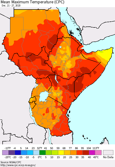 Eastern Africa Mean Maximum Temperature (CPC) Thematic Map For 12/21/2020 - 12/27/2020