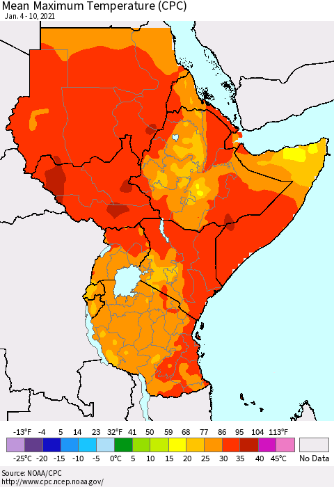 Eastern Africa Mean Maximum Temperature (CPC) Thematic Map For 1/4/2021 - 1/10/2021