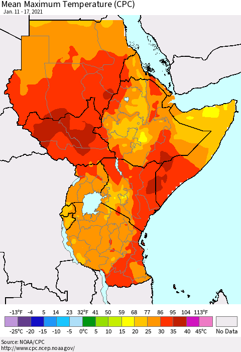 Eastern Africa Mean Maximum Temperature (CPC) Thematic Map For 1/11/2021 - 1/17/2021