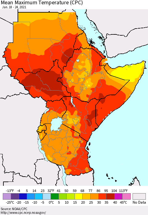 Eastern Africa Mean Maximum Temperature (CPC) Thematic Map For 1/18/2021 - 1/24/2021