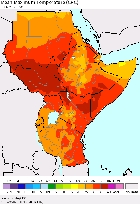 Eastern Africa Mean Maximum Temperature (CPC) Thematic Map For 1/25/2021 - 1/31/2021