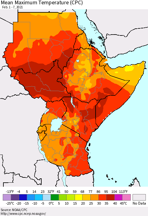 Eastern Africa Mean Maximum Temperature (CPC) Thematic Map For 2/1/2021 - 2/7/2021