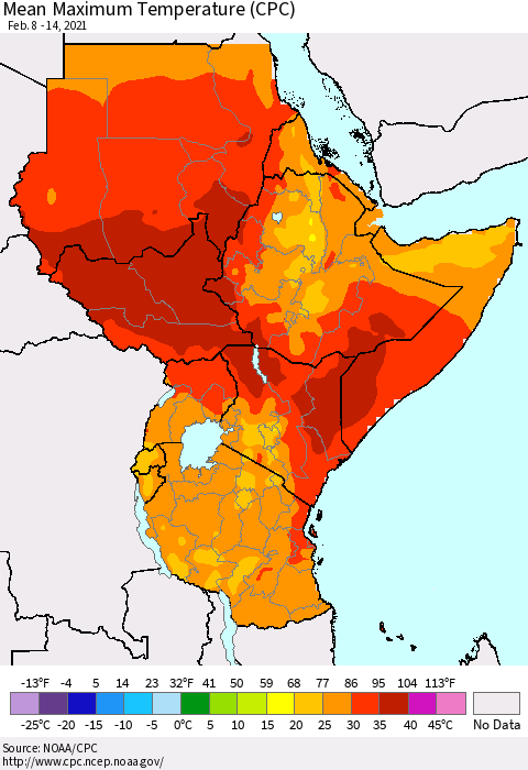 Eastern Africa Mean Maximum Temperature (CPC) Thematic Map For 2/8/2021 - 2/14/2021