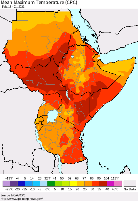 Eastern Africa Mean Maximum Temperature (CPC) Thematic Map For 2/15/2021 - 2/21/2021