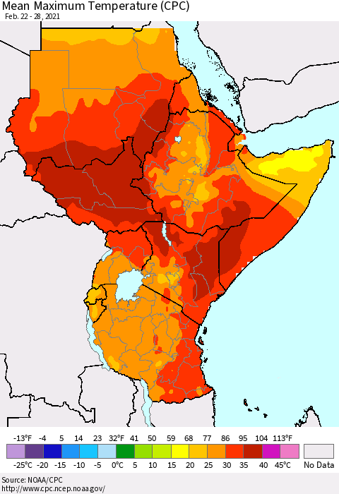 Eastern Africa Mean Maximum Temperature (CPC) Thematic Map For 2/22/2021 - 2/28/2021
