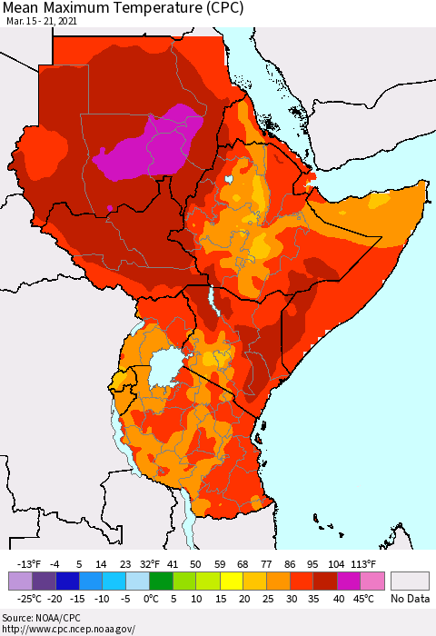 Eastern Africa Mean Maximum Temperature (CPC) Thematic Map For 3/15/2021 - 3/21/2021