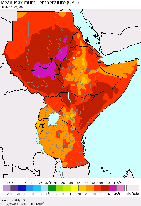 Eastern Africa Mean Maximum Temperature (CPC) Thematic Map For 3/22/2021 - 3/28/2021