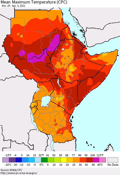 Eastern Africa Mean Maximum Temperature (CPC) Thematic Map For 3/29/2021 - 4/4/2021