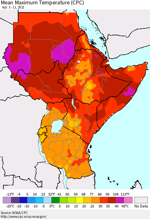 Eastern Africa Mean Maximum Temperature (CPC) Thematic Map For 4/5/2021 - 4/11/2021