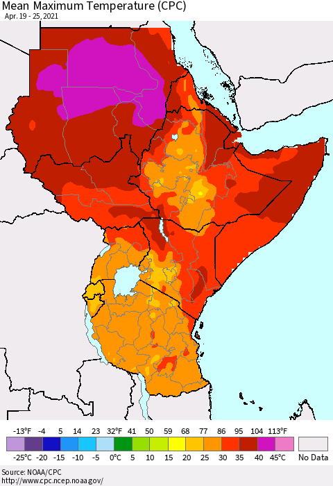 Eastern Africa Mean Maximum Temperature (CPC) Thematic Map For 4/19/2021 - 4/25/2021
