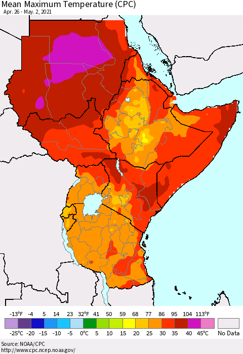 Eastern Africa Mean Maximum Temperature (CPC) Thematic Map For 4/26/2021 - 5/2/2021