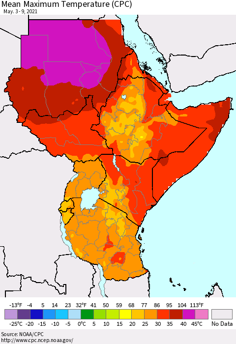 Eastern Africa Mean Maximum Temperature (CPC) Thematic Map For 5/3/2021 - 5/9/2021