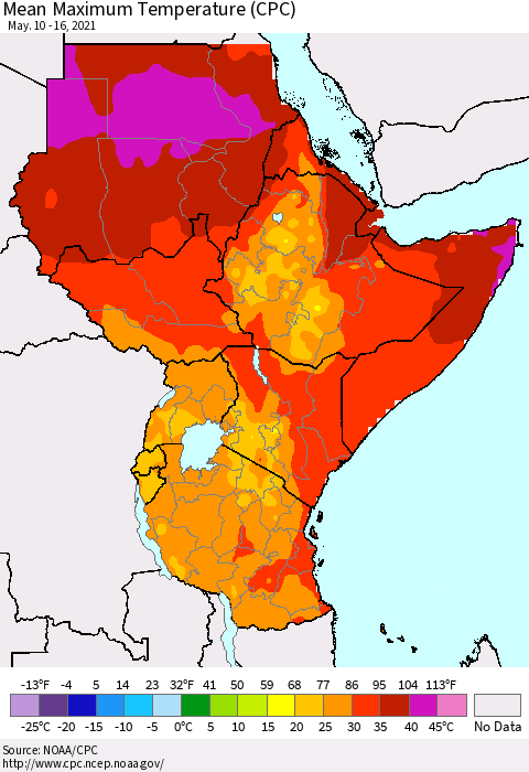 Eastern Africa Mean Maximum Temperature (CPC) Thematic Map For 5/10/2021 - 5/16/2021