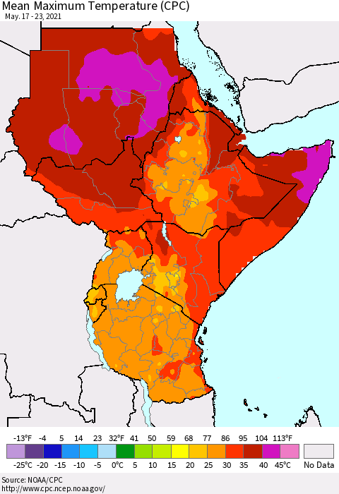 Eastern Africa Mean Maximum Temperature (CPC) Thematic Map For 5/17/2021 - 5/23/2021