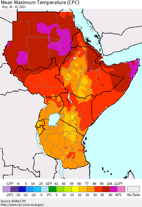 Eastern Africa Maximum Temperature (CPC) Thematic Map For 5/24/2021 - 5/30/2021