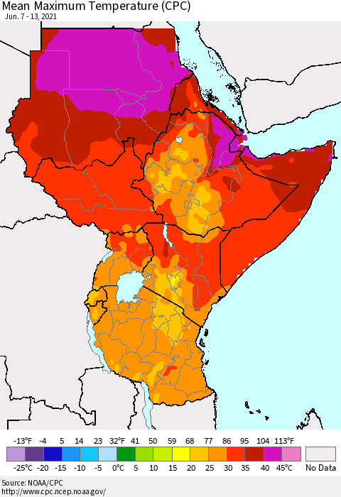 Eastern Africa Maximum Temperature (CPC) Thematic Map For 6/7/2021 - 6/13/2021