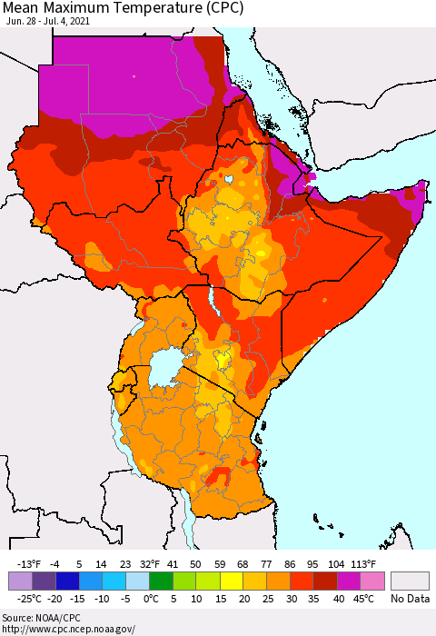 Eastern Africa Mean Maximum Temperature (CPC) Thematic Map For 6/28/2021 - 7/4/2021