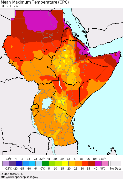 Eastern Africa Mean Maximum Temperature (CPC) Thematic Map For 7/5/2021 - 7/11/2021