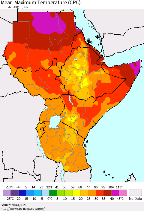 Eastern Africa Maximum Temperature (CPC) Thematic Map For 7/26/2021 - 8/1/2021