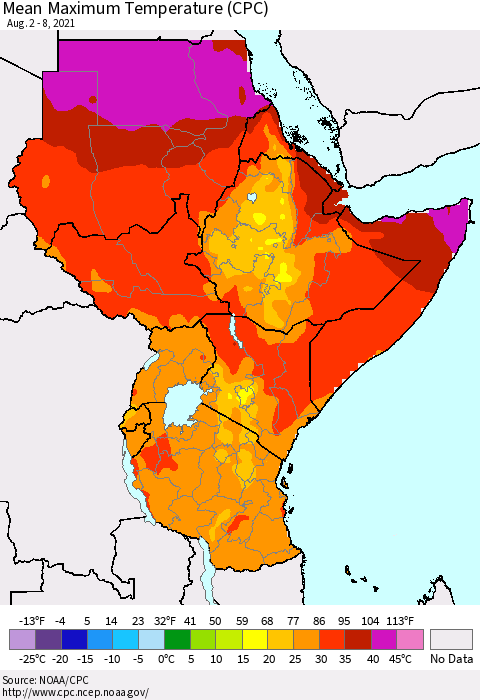Eastern Africa Maximum Temperature (CPC) Thematic Map For 8/2/2021 - 8/8/2021