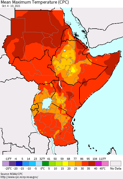 Eastern Africa Mean Maximum Temperature (CPC) Thematic Map For 10/4/2021 - 10/10/2021