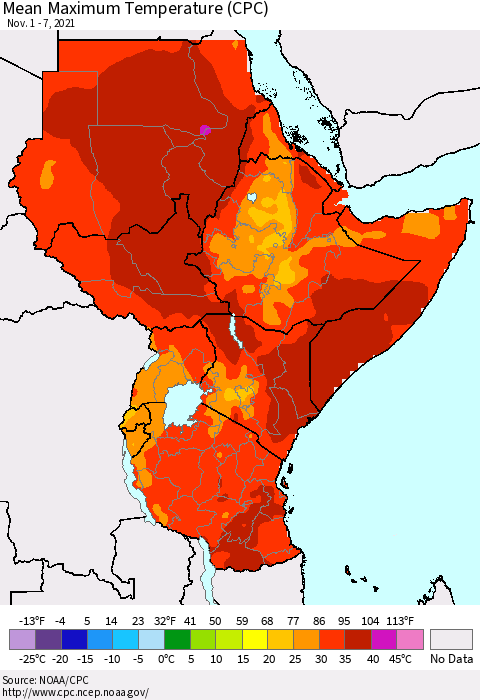 Eastern Africa Maximum Temperature (CPC) Thematic Map For 11/1/2021 - 11/7/2021