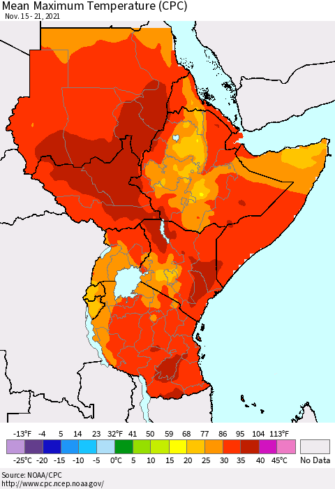Eastern Africa Mean Maximum Temperature (CPC) Thematic Map For 11/15/2021 - 11/21/2021