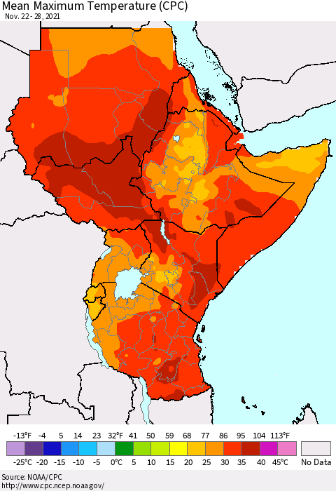 Eastern Africa Mean Maximum Temperature (CPC) Thematic Map For 11/22/2021 - 11/28/2021