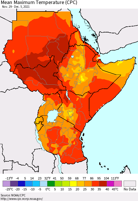 Eastern Africa Maximum Temperature (CPC) Thematic Map For 11/29/2021 - 12/5/2021