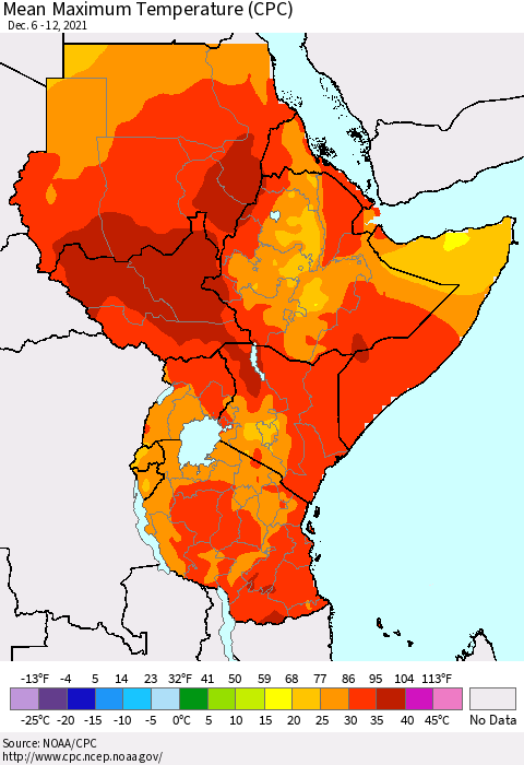 Eastern Africa Mean Maximum Temperature (CPC) Thematic Map For 12/6/2021 - 12/12/2021