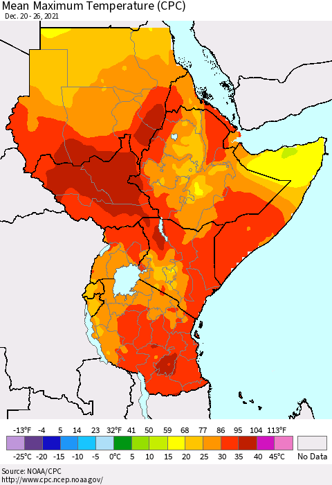 Eastern Africa Mean Maximum Temperature (CPC) Thematic Map For 12/20/2021 - 12/26/2021