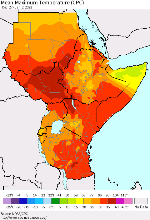 Eastern Africa Mean Maximum Temperature (CPC) Thematic Map For 12/27/2021 - 1/2/2022