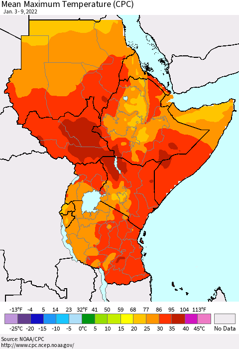 Eastern Africa Maximum Temperature (CPC) Thematic Map For 1/3/2022 - 1/9/2022