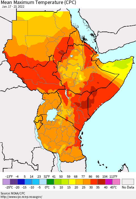 Eastern Africa Mean Maximum Temperature (CPC) Thematic Map For 1/17/2022 - 1/23/2022