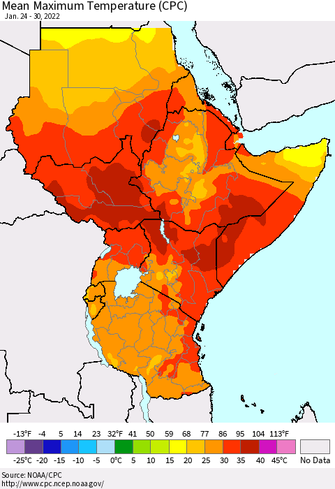 Eastern Africa Mean Maximum Temperature (CPC) Thematic Map For 1/24/2022 - 1/30/2022