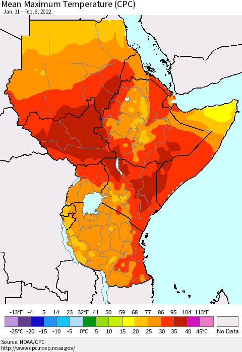 Eastern Africa Mean Maximum Temperature (CPC) Thematic Map For 1/31/2022 - 2/6/2022