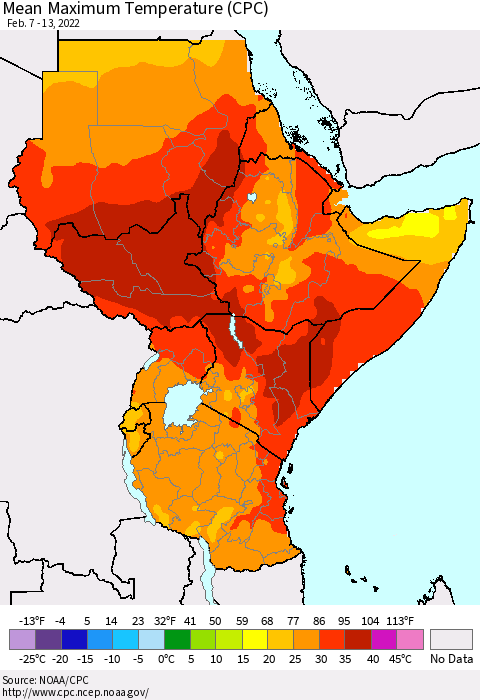 Eastern Africa Mean Maximum Temperature (CPC) Thematic Map For 2/7/2022 - 2/13/2022