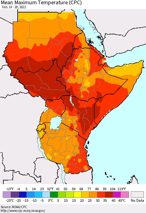 Eastern Africa Mean Maximum Temperature (CPC) Thematic Map For 2/14/2022 - 2/20/2022
