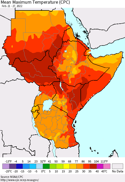Eastern Africa Mean Maximum Temperature (CPC) Thematic Map For 2/21/2022 - 2/27/2022