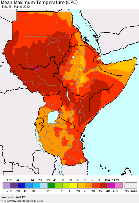 Eastern Africa Mean Maximum Temperature (CPC) Thematic Map For 2/28/2022 - 3/6/2022