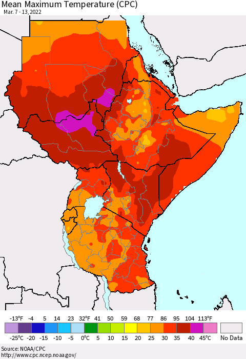 Eastern Africa Mean Maximum Temperature (CPC) Thematic Map For 3/7/2022 - 3/13/2022