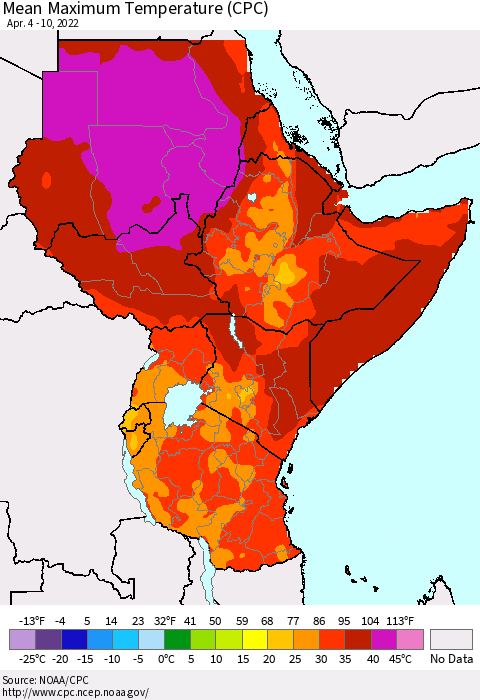 Eastern Africa Mean Maximum Temperature (CPC) Thematic Map For 4/4/2022 - 4/10/2022