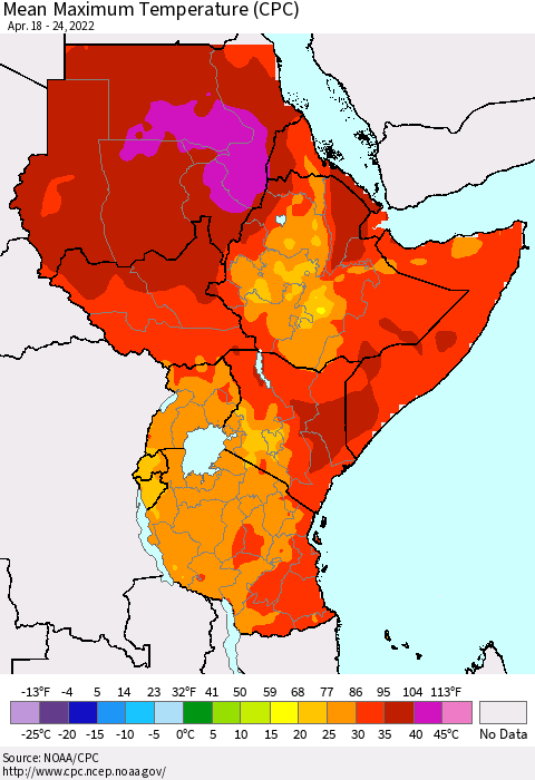 Eastern Africa Mean Maximum Temperature (CPC) Thematic Map For 4/18/2022 - 4/24/2022
