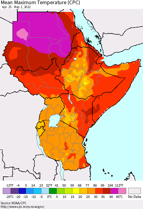 Eastern Africa Mean Maximum Temperature (CPC) Thematic Map For 4/25/2022 - 5/1/2022