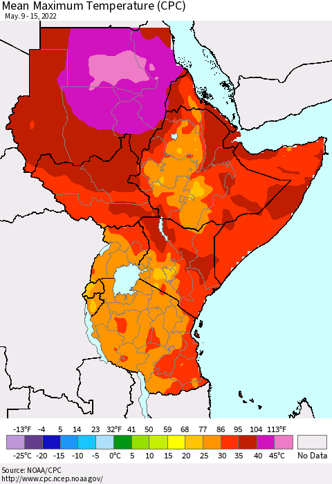 Eastern Africa Mean Maximum Temperature (CPC) Thematic Map For 5/9/2022 - 5/15/2022