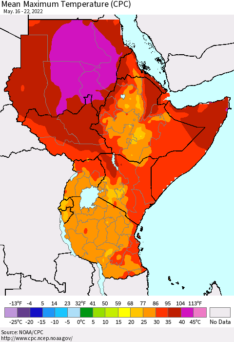 Eastern Africa Mean Maximum Temperature (CPC) Thematic Map For 5/16/2022 - 5/22/2022
